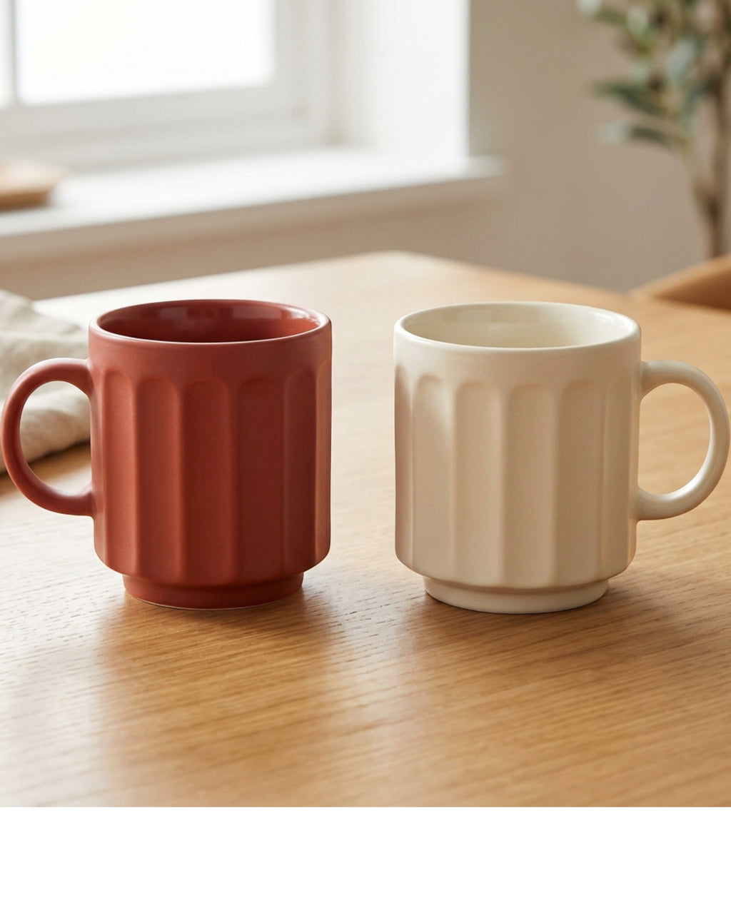 Zexan Fluted Ceramic Coffee Mug Set of 2 250 ml Clay and Cream - Lifestyle view