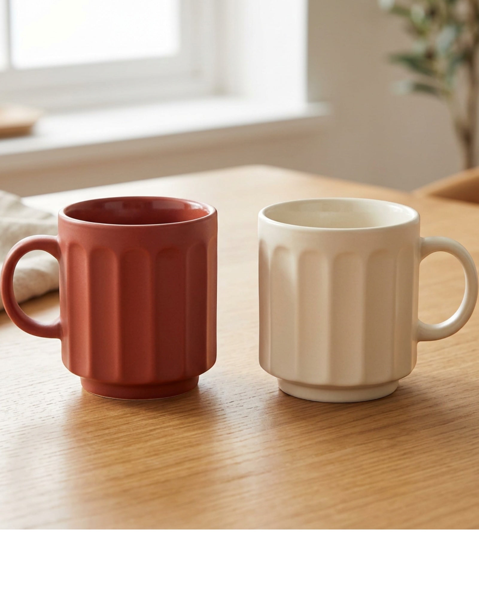 Zexan Fluted Ceramic Coffee Mug Set of 2 250 ml Clay and Cream - Lifestyle view